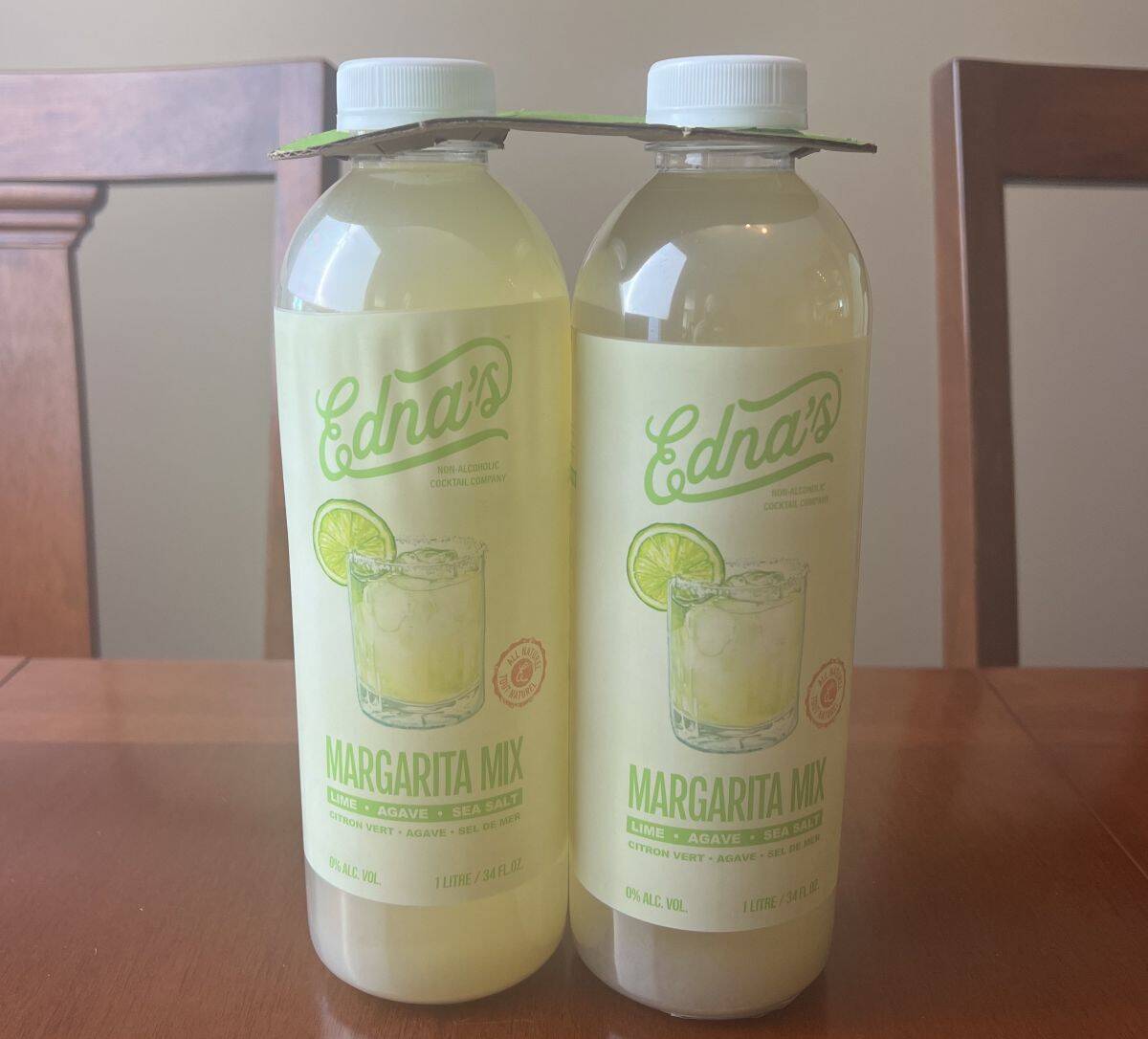 Image of the Costco Edna's Margarita Mix two pack sitting on a table.