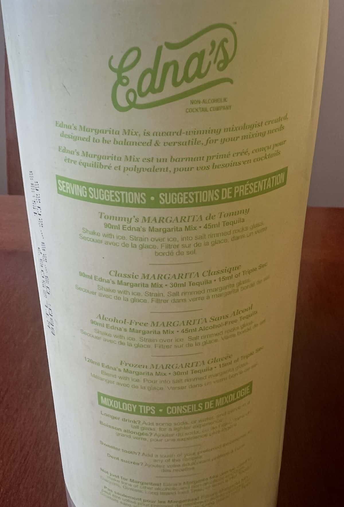 Image of serving suggestions for the margarita mix from the back of the bottle.