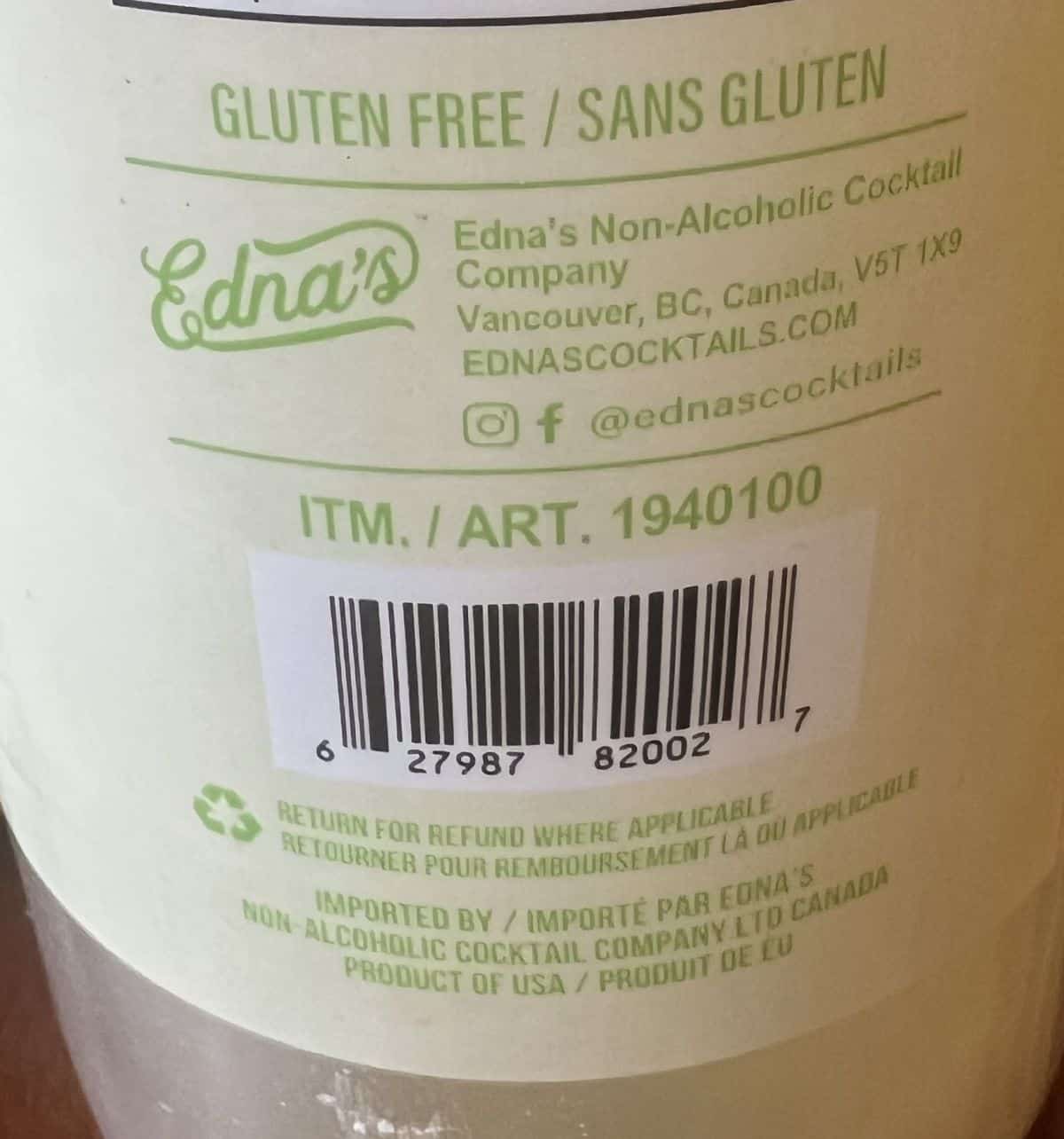 Image of the back of the margarita mix showing it's gluten free and made in Canada.