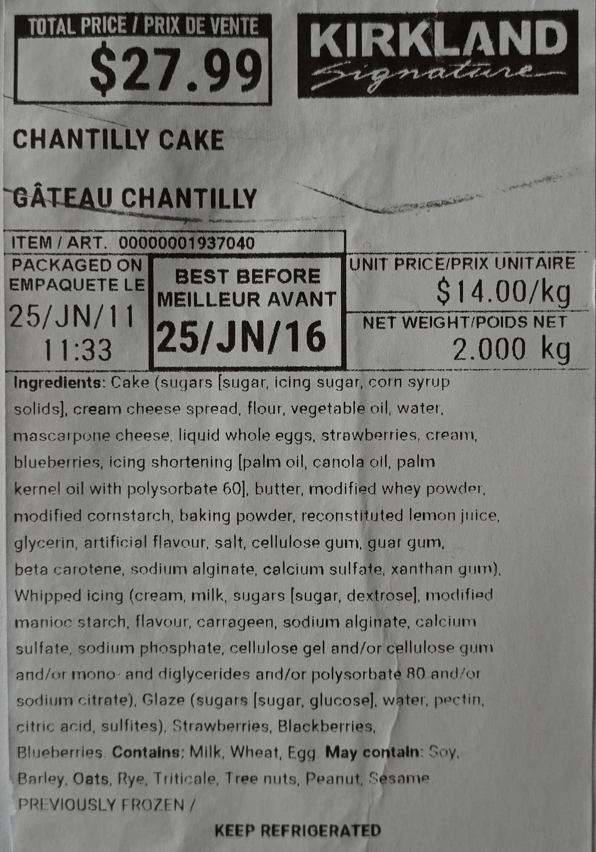 Image of the label on the Chantilly cake showing best before date, cost and ingredients. 