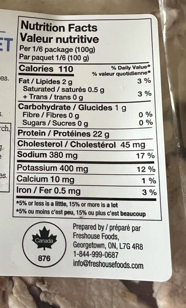 Image of the nutrition facts for the chicken strips from the back of the package. 