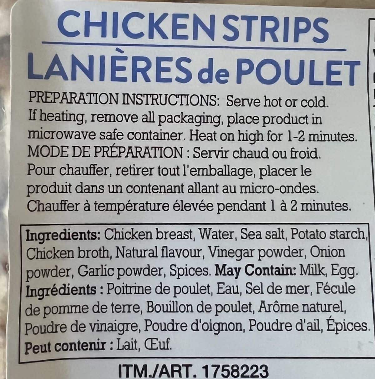 Image of the ingredients list for the chicken strips from the back of the package.