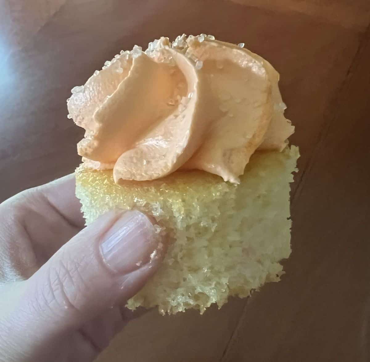 Image of a hand holding one orange cupcake close to the camera.