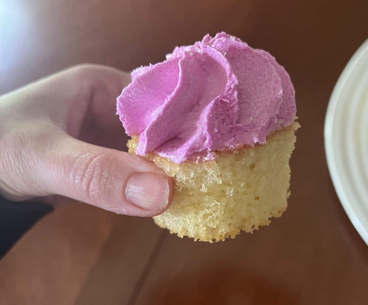 Image of a hand holding one raspberry cupcake close to the camera.