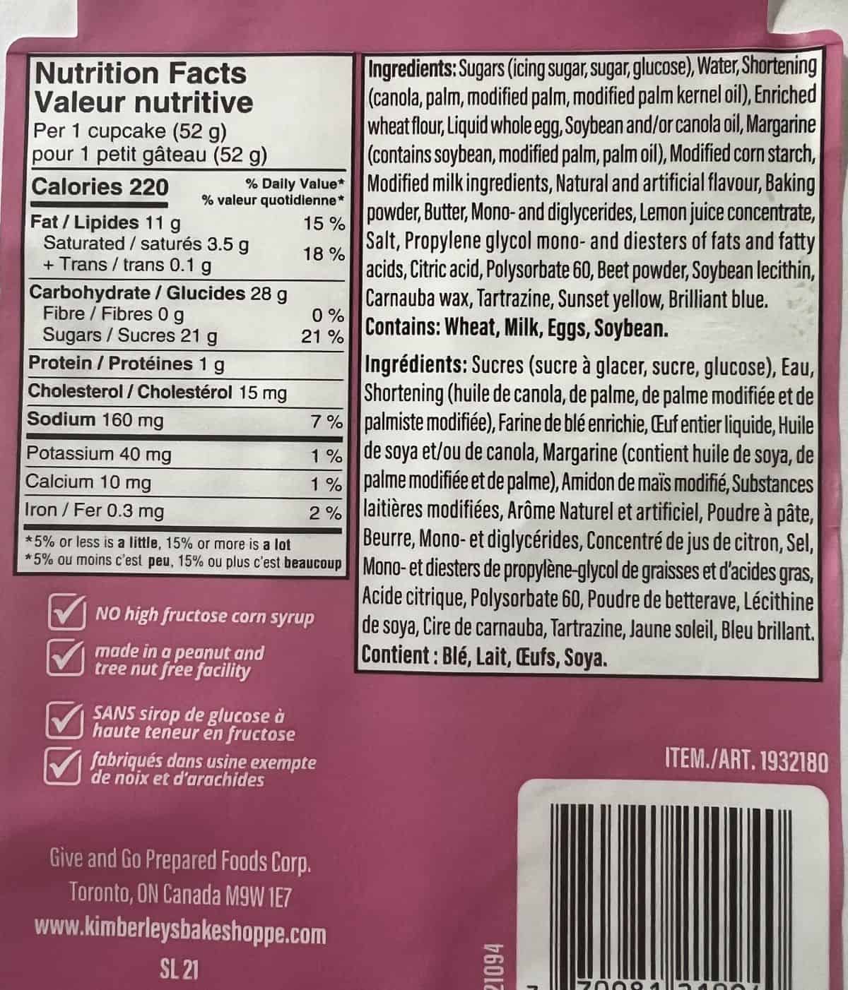 Image of the nutrition facts and ingredients for the cupcakes from the back of the package.
