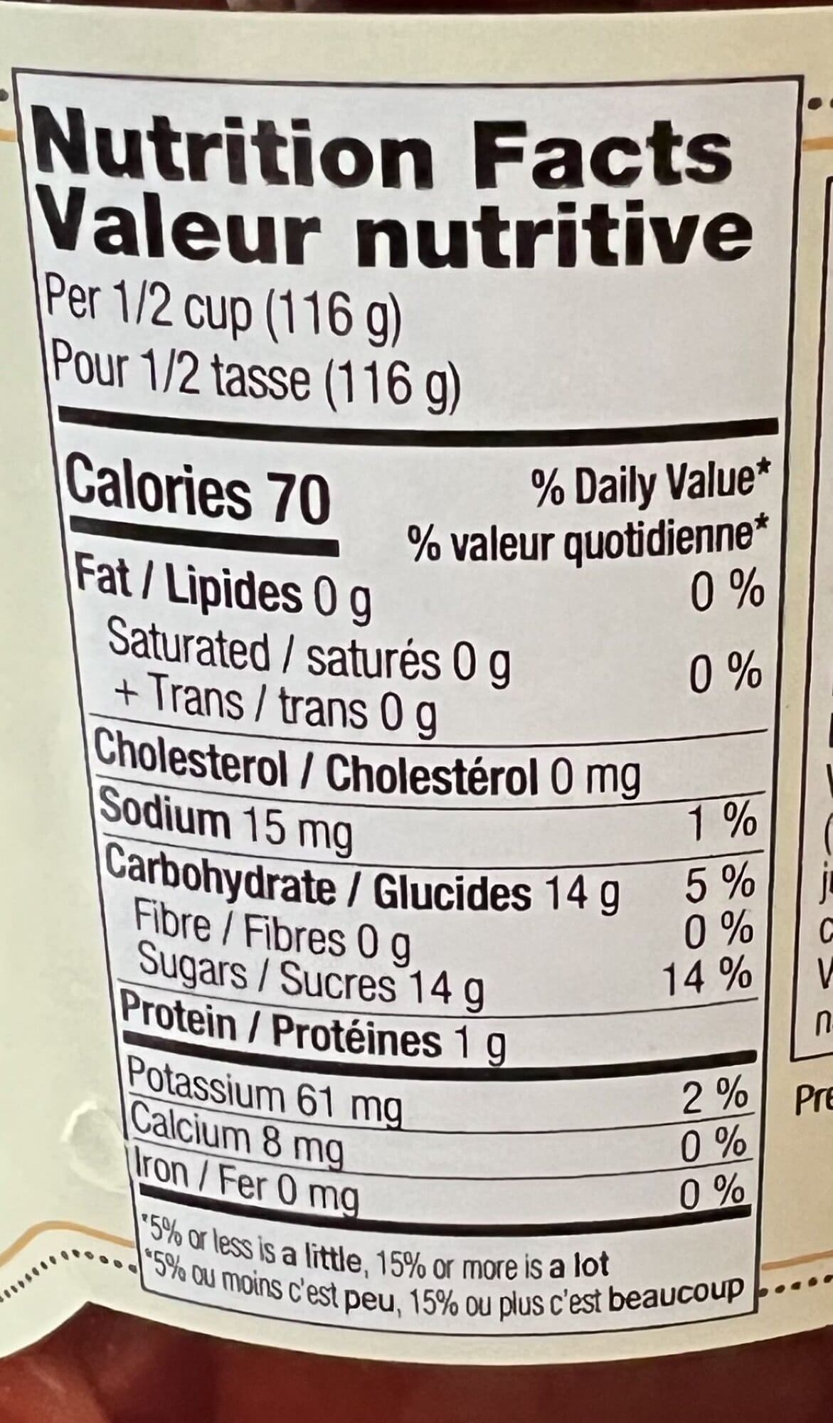 Image of the nutrition facts for the salad from the back of the jar. 