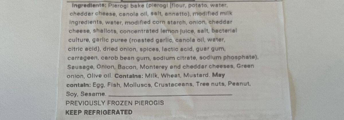 Image of the ingredients for the pierogi bake from the label.