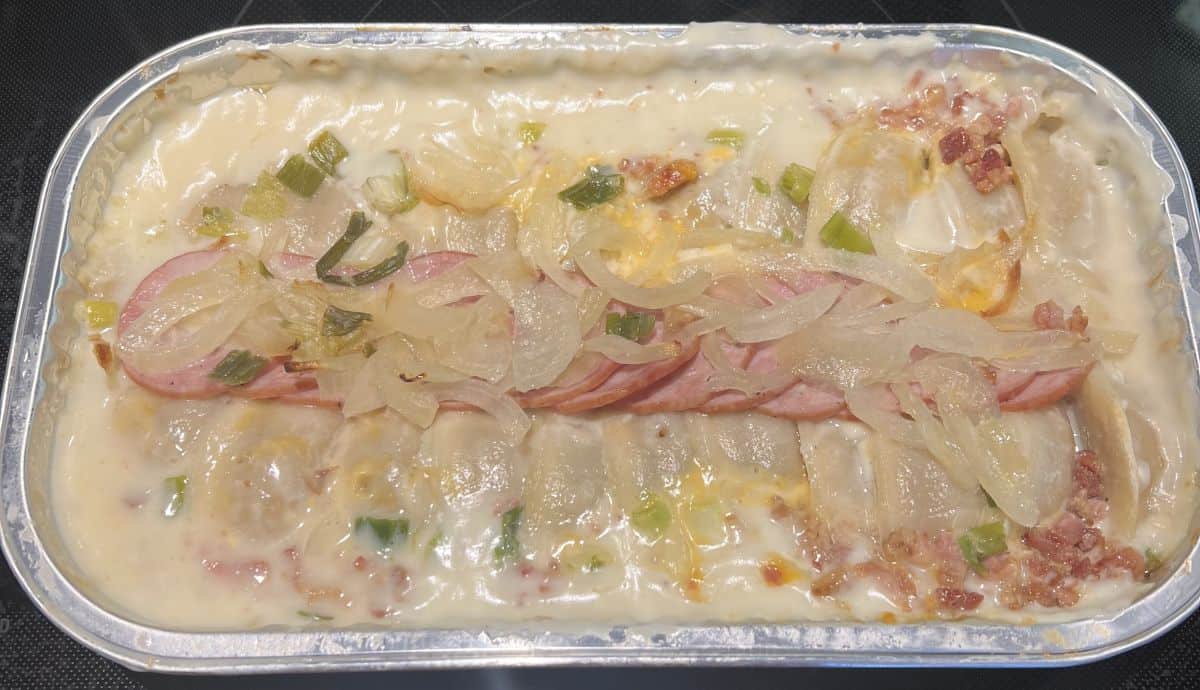 Top down image of the pierogi bake in the tray before being served after being baked.