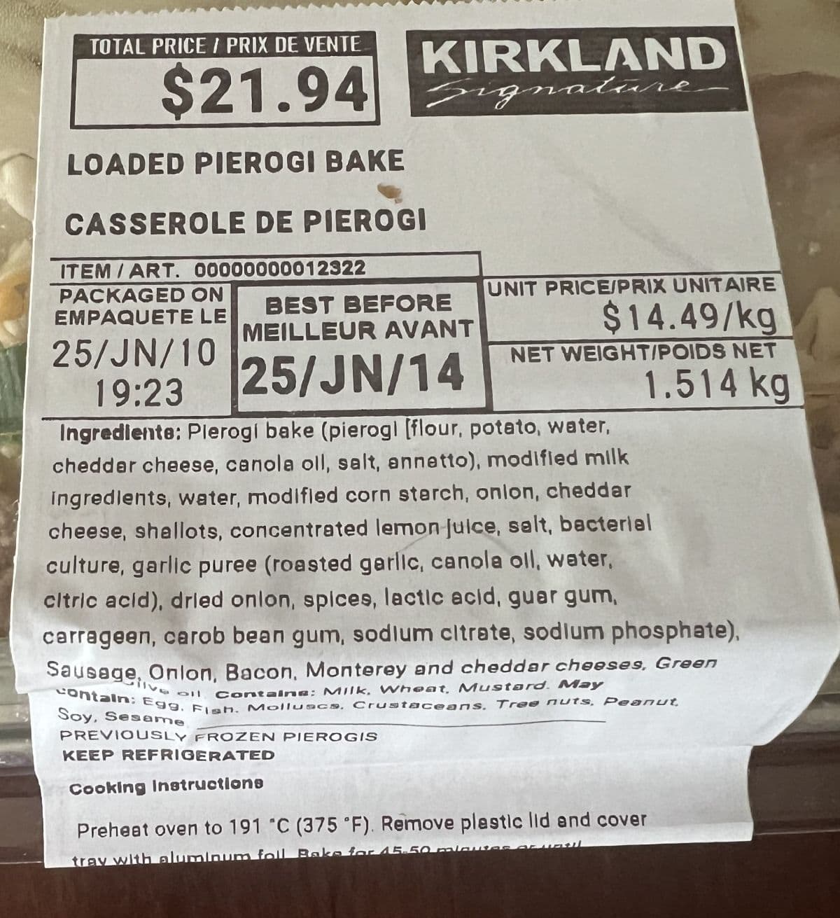 Closeup image of the label on the pierogi bake showing the cost, best before date and ingredients.
