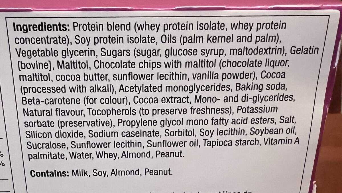 Image of the ingredients list for the chocolatey brownie protein bars.