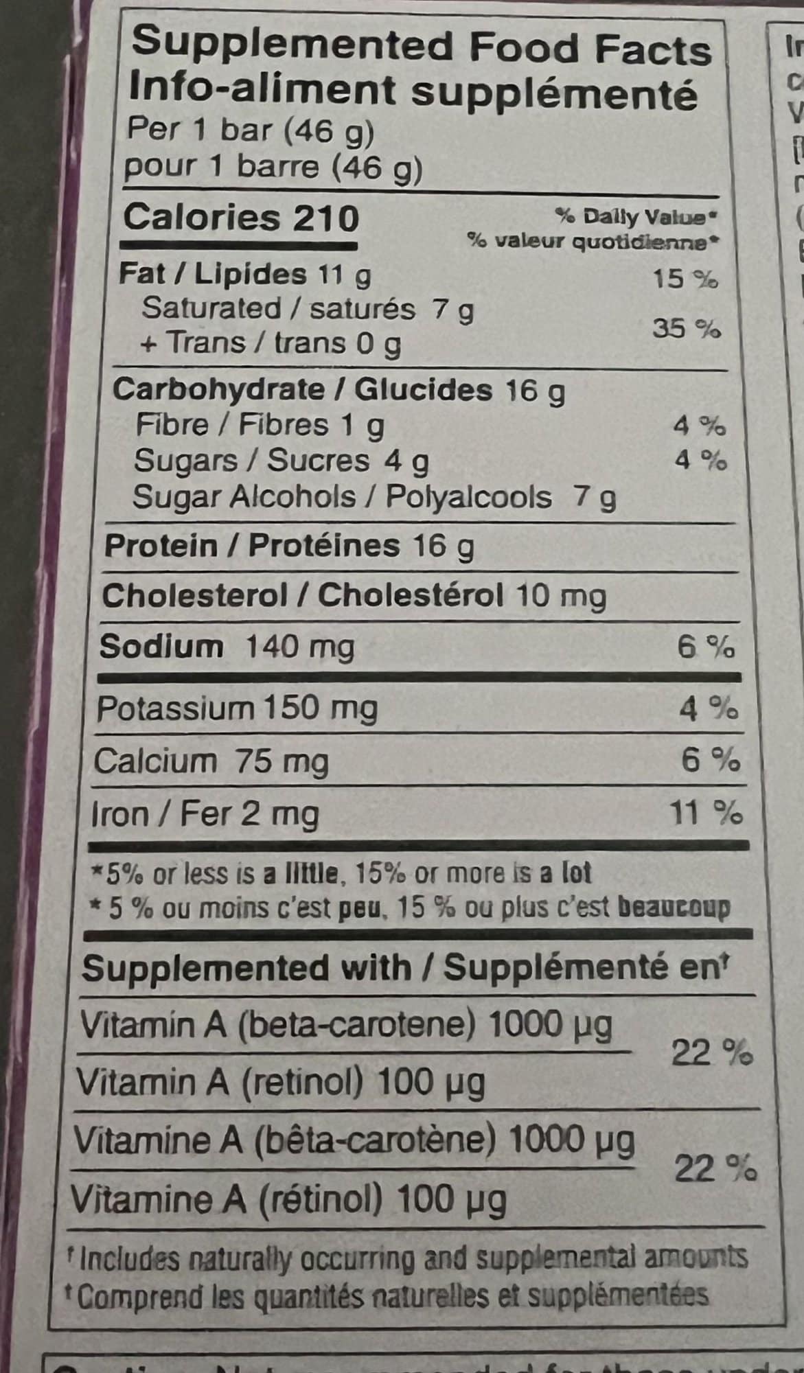 Image of the nutrition facts for the chocolatey brownie protein bars from the back of the box. 