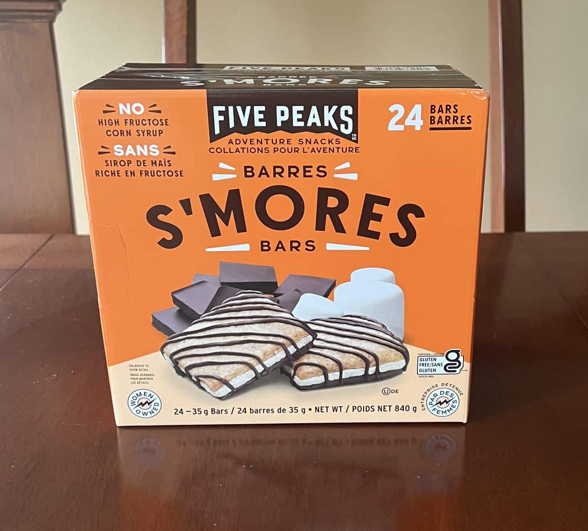 Image of the Costco Five Peaks S'mores Bars box sitting on a table unopened.