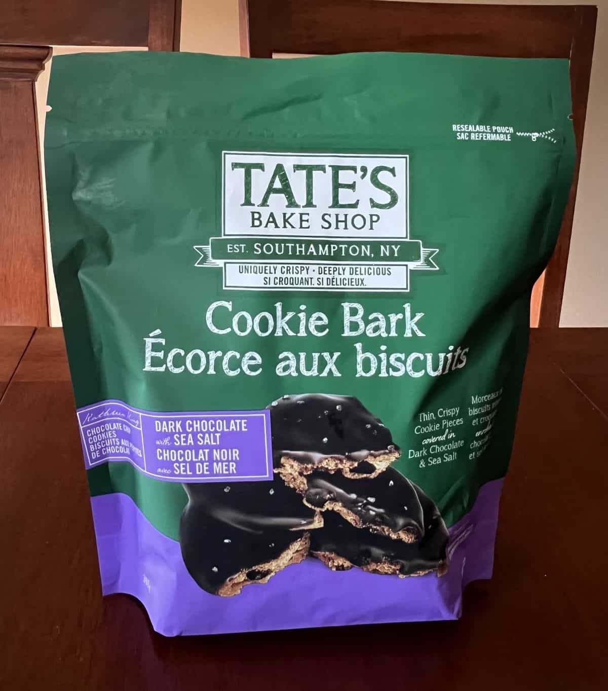 Image of the Costco Tates Bake Shop Cookie Bark bag sitting on a table unopened.