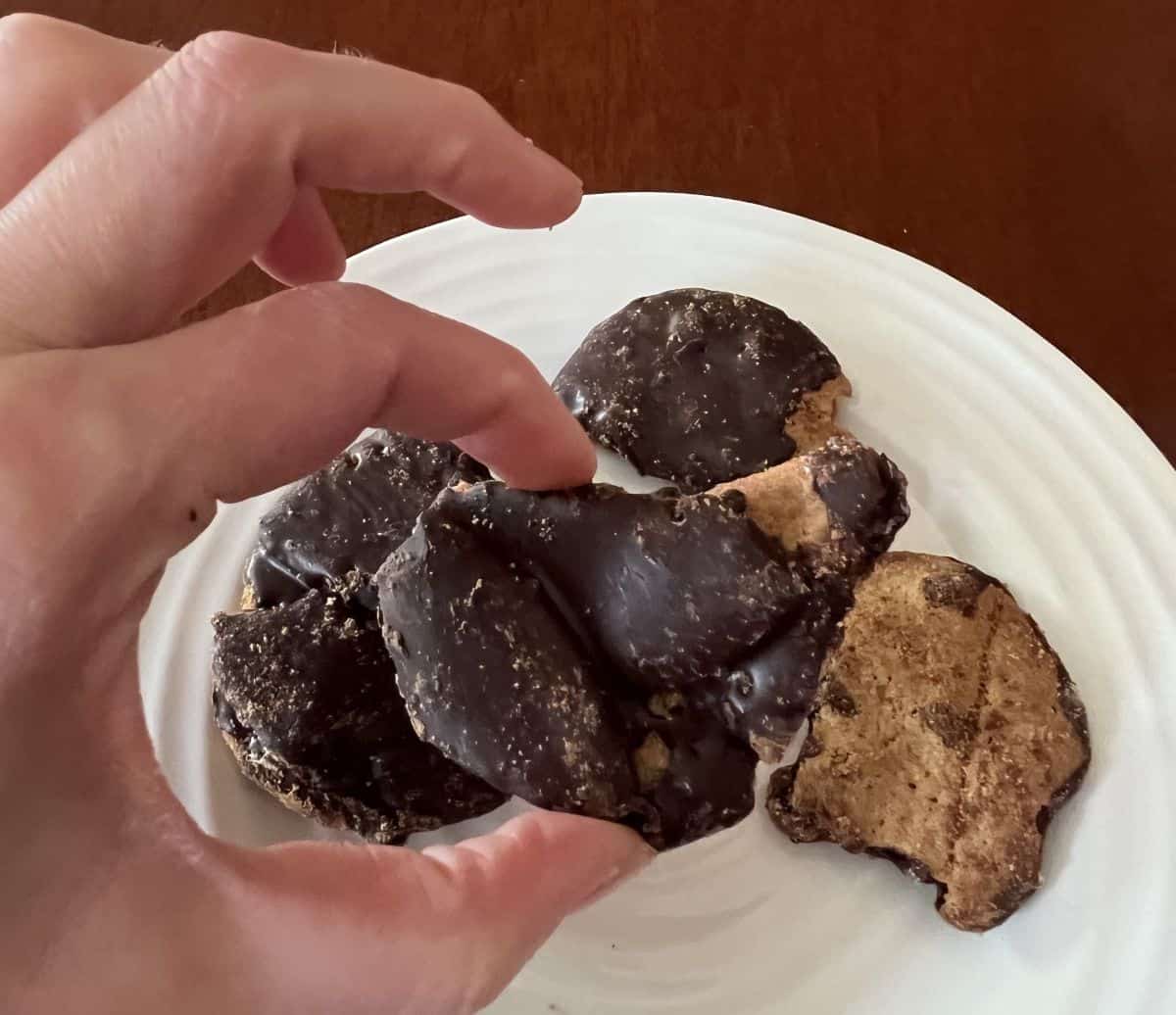 Image of a hand holding one piece of cookie bark close to the camera, there is dark chocolate coating the top of the cookie.  
