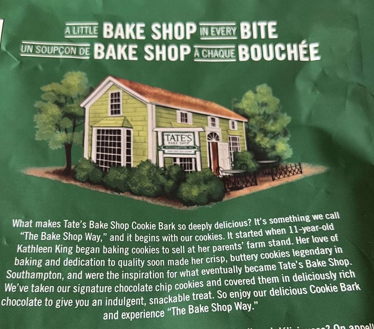 Image of the product description for the Costco Tates Bake Shop Cookie Bark.