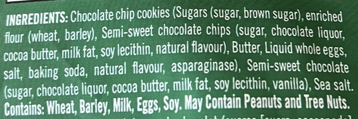Image of the ingredients for the cookie bark from the back of the bag. 
