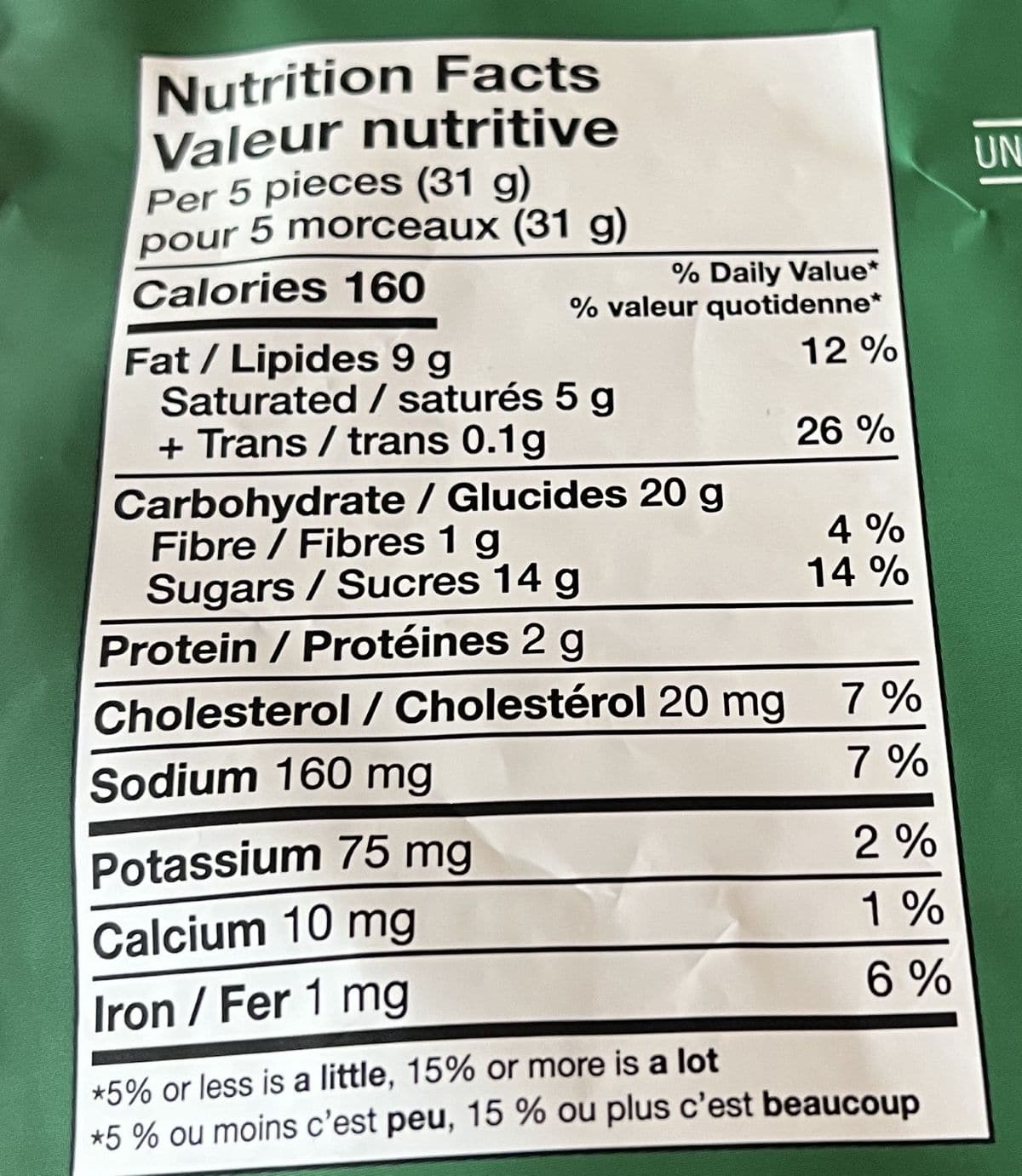 Image of the nutrition facts for the cookie bark from the back of the bag. 