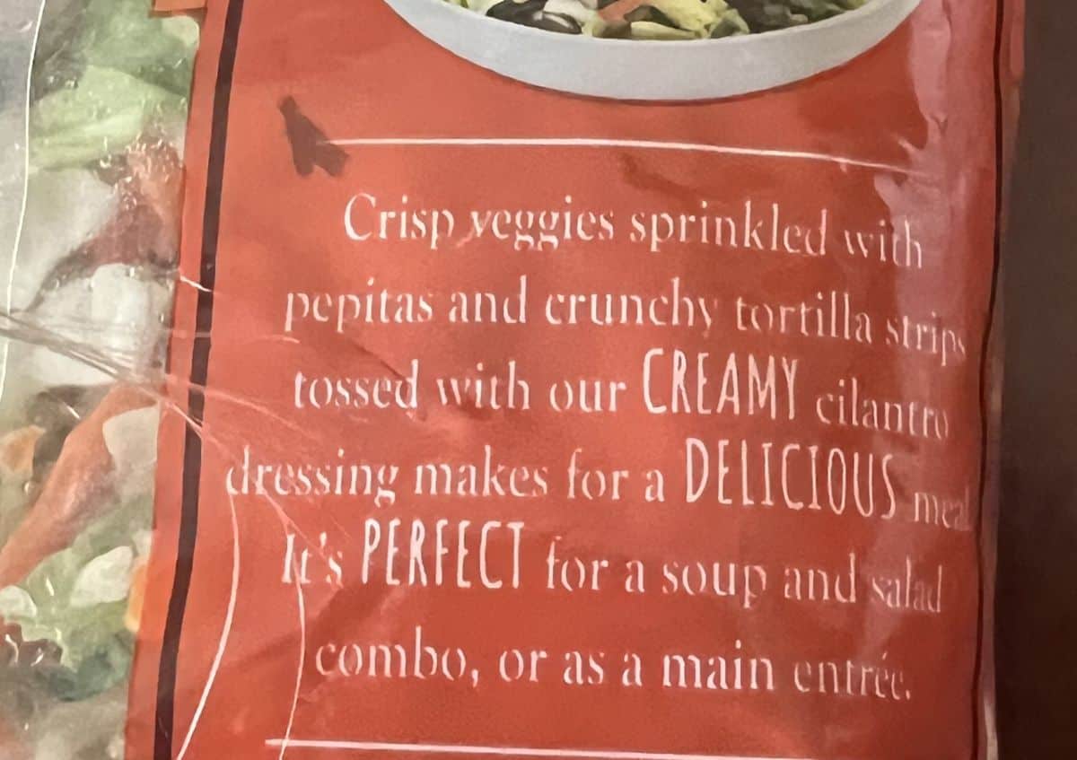 Image of the product description for the salad from the back of the bag.