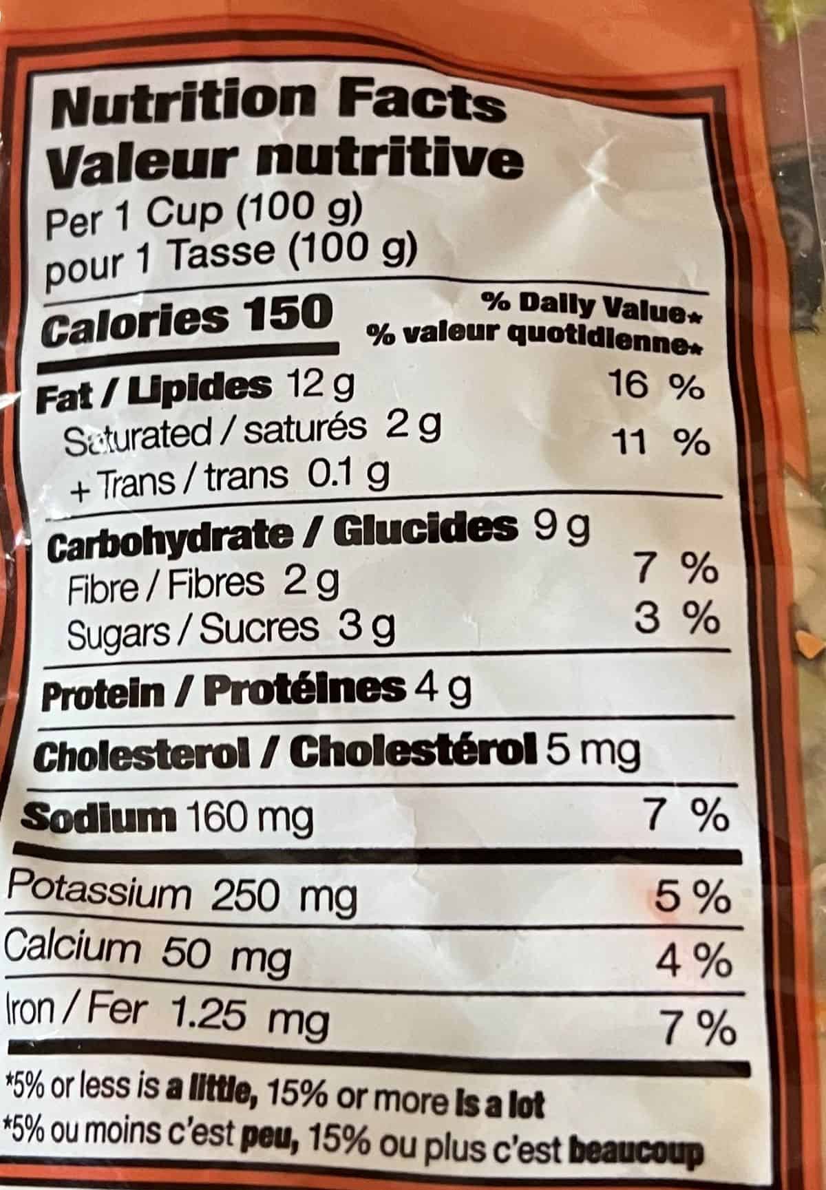 Image of the nutrition facts from the back of the bag. 