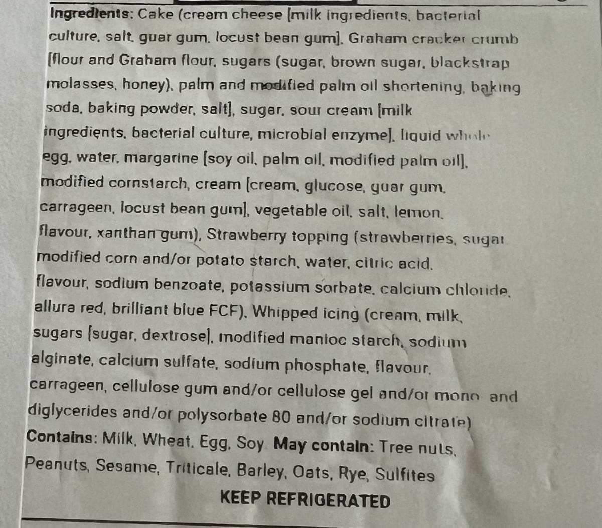 Image of the ingredients label from the cheesecake.
