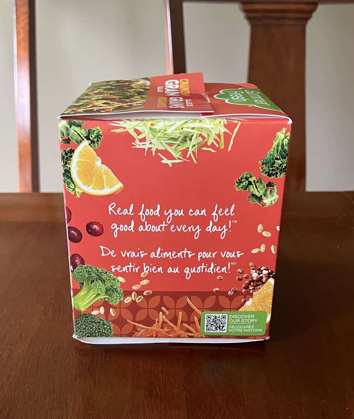 Image of the back of the box showing a saying "Real food you can feel good about every day!". 