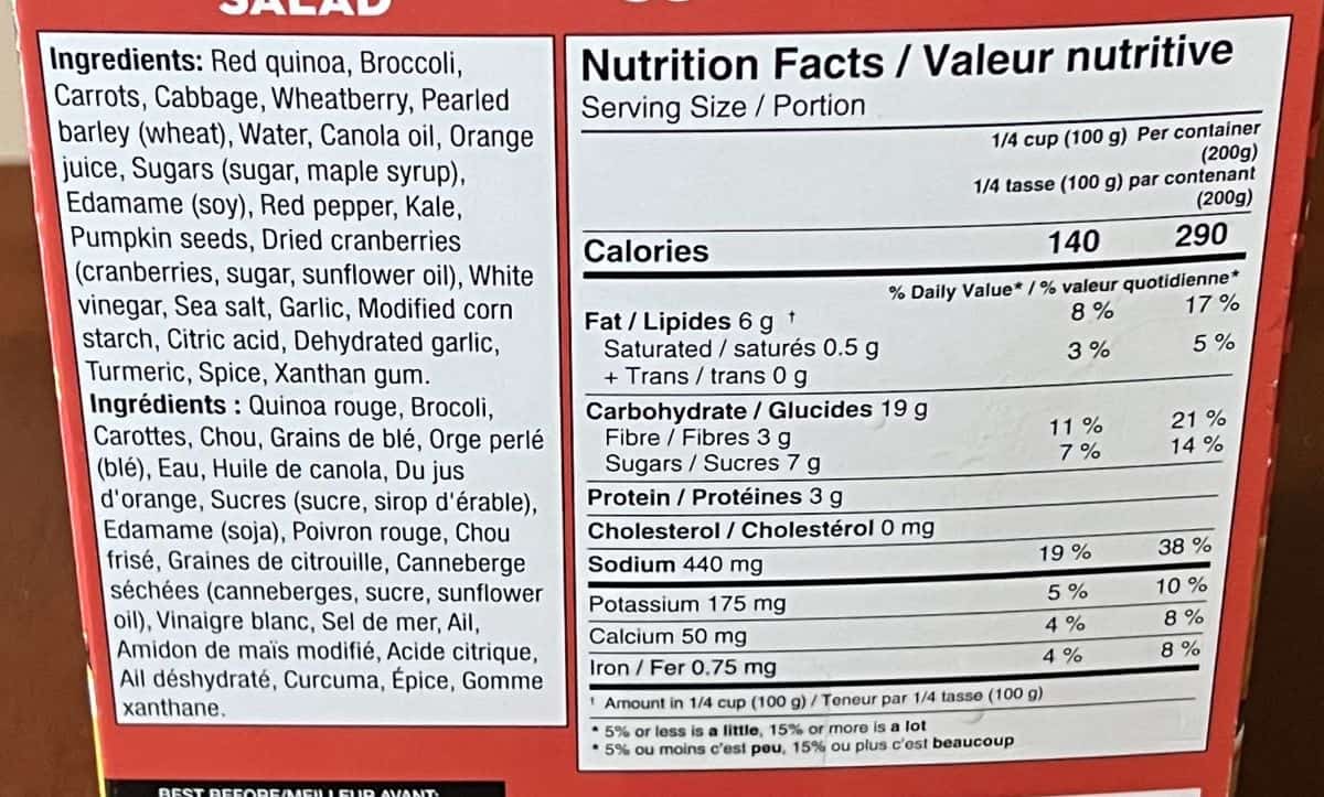 Image of the nutrition facts and ingredients for the salad from the back of the box.