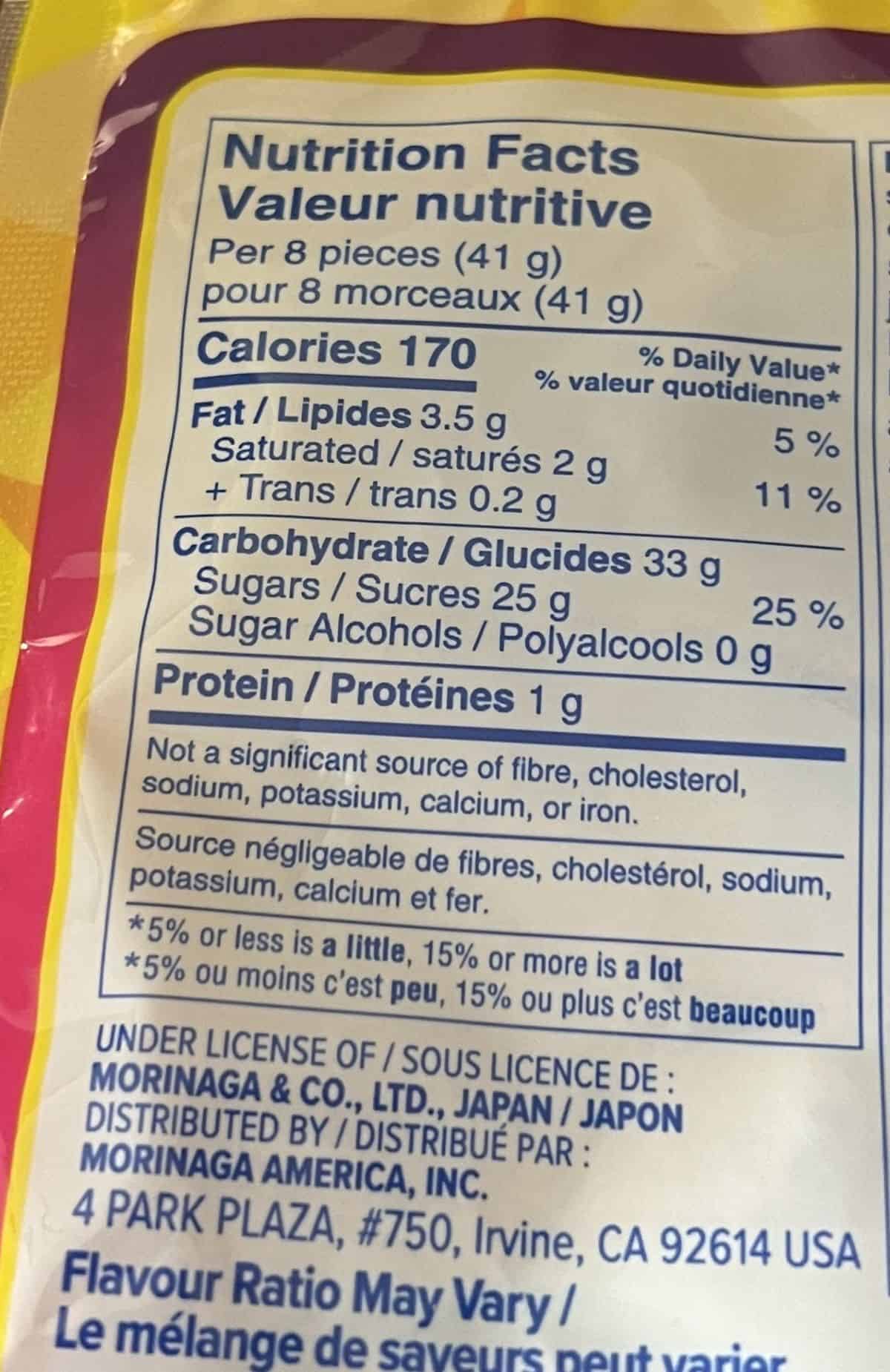 Image of the nutrition facts for the Hi Chew candies.