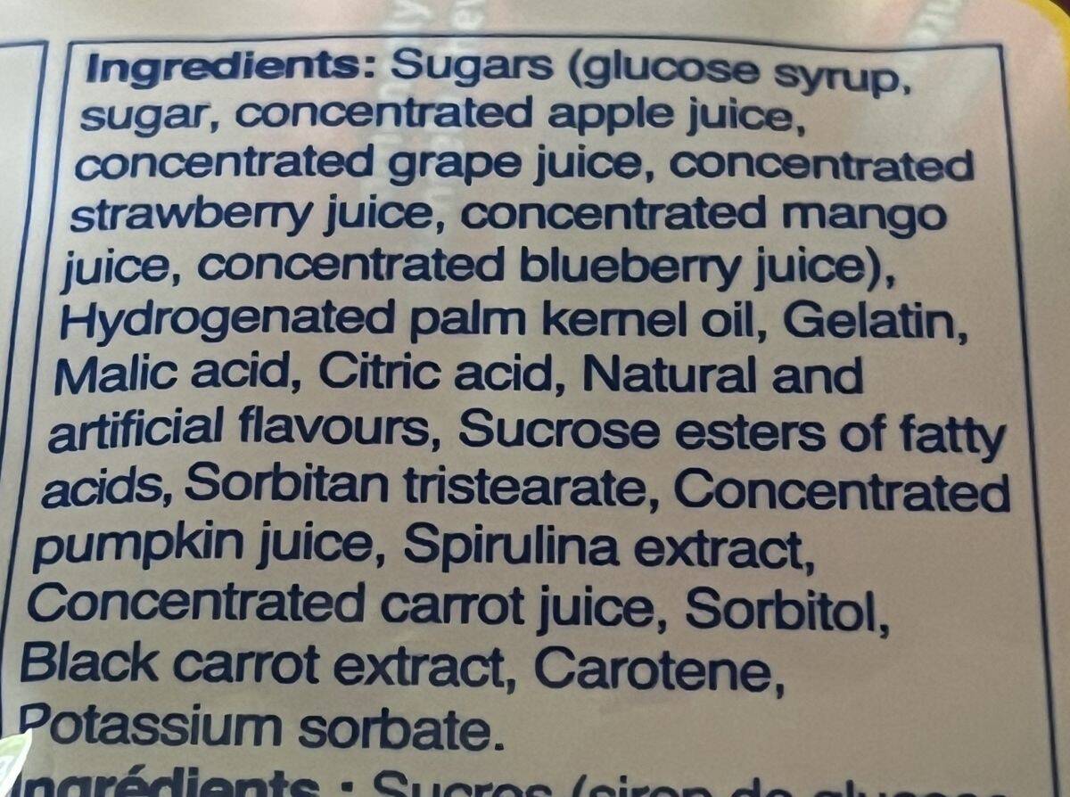 Image of the ingredients for the Hi Chew Candies from the back of the bag.
