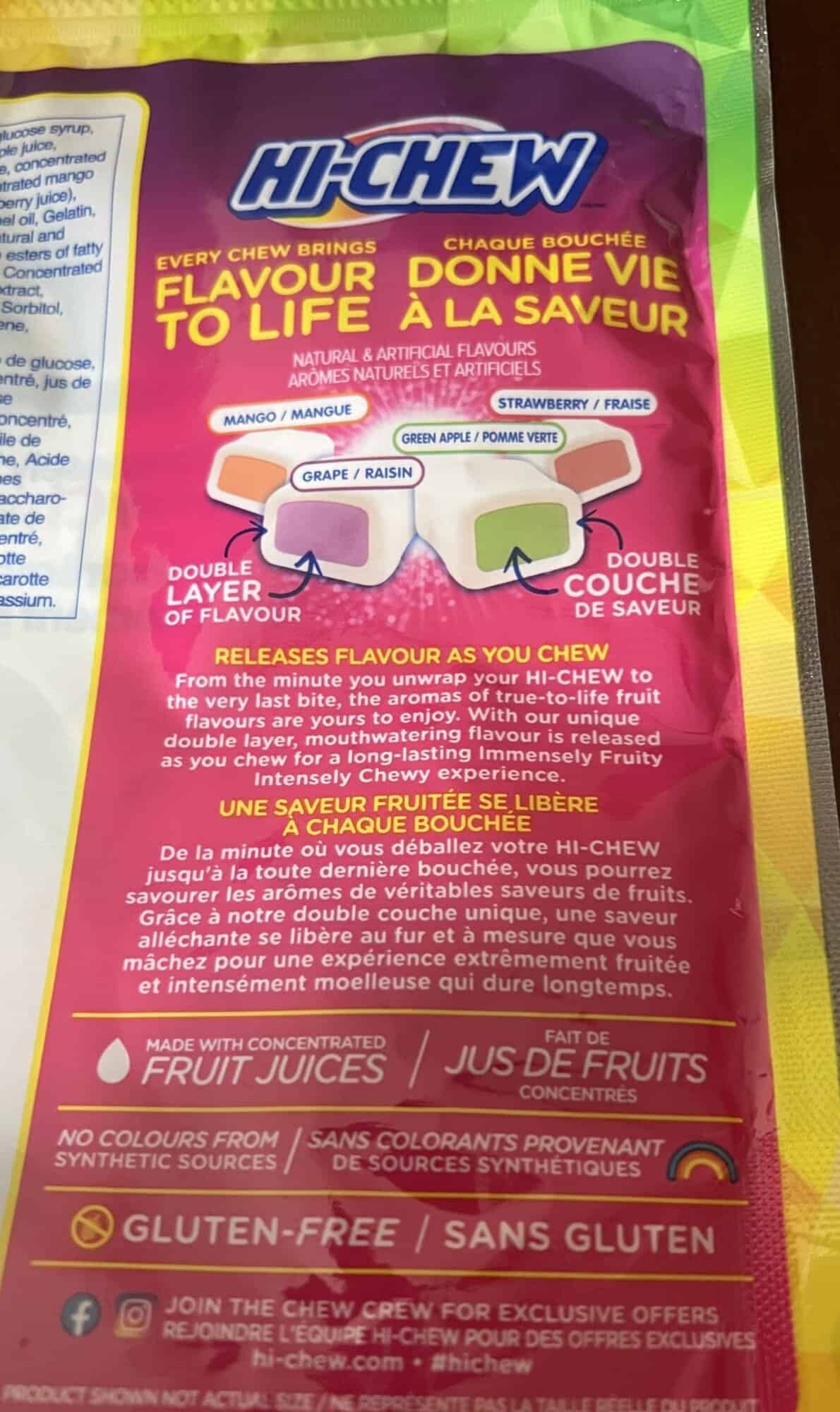 Image of the product description for the Hi Chew from the back of the bag.
