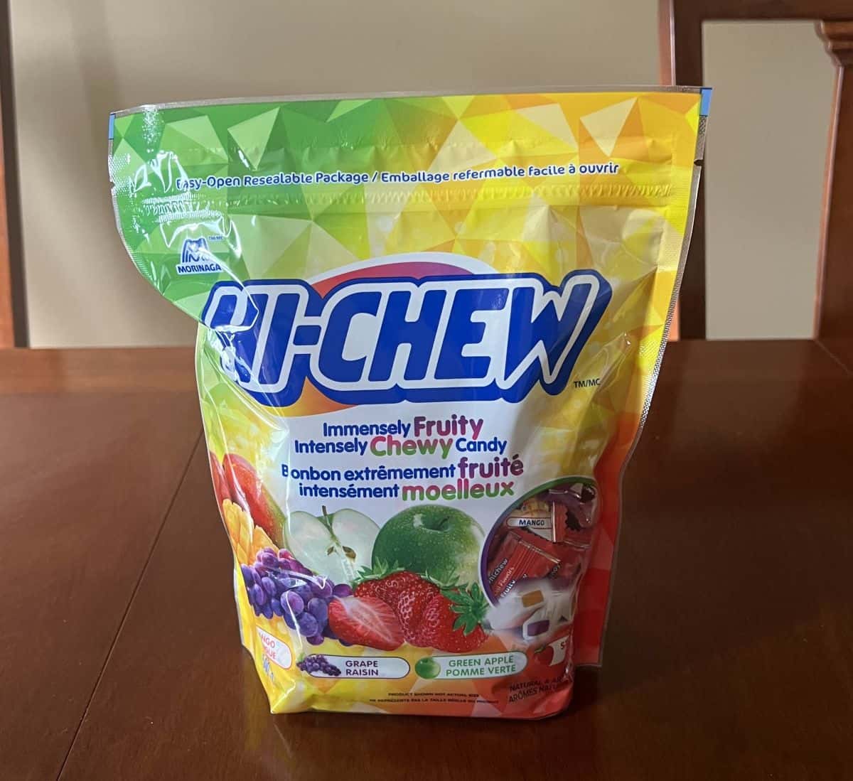 Image of the Costco Hi Chew candy bag sitting on a table unopened.
