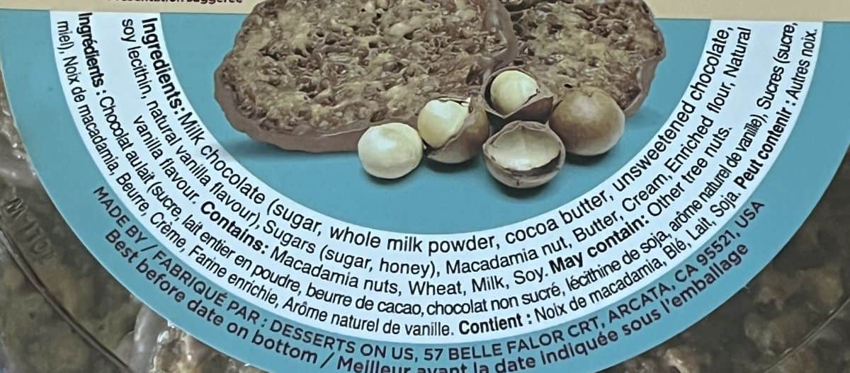 Image of the ingredients list for the cookies from the packaging. 