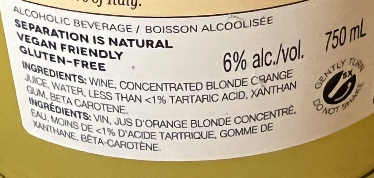 Image of the label on the mimosa showing the percentage of alcohol and the ingredients.