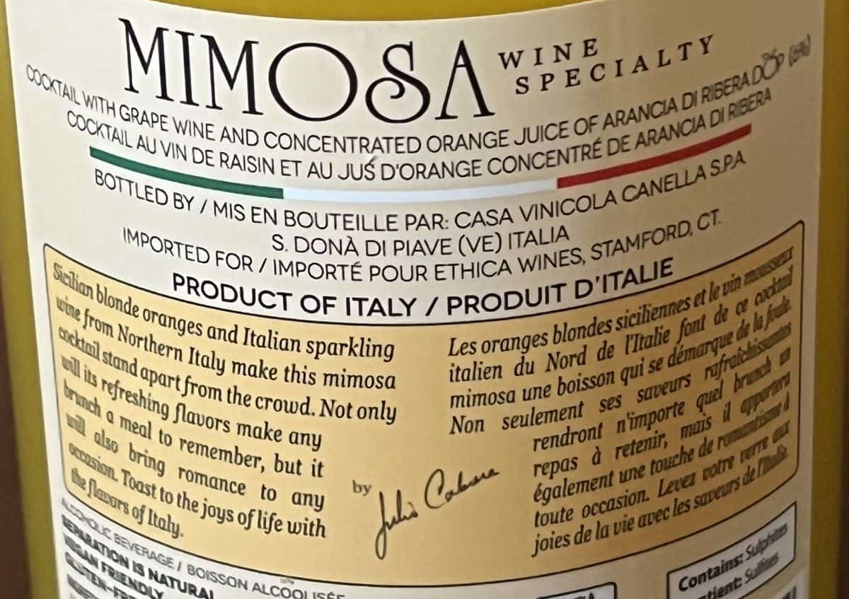 Image of the product description for the mimosa from the back of the bottle.