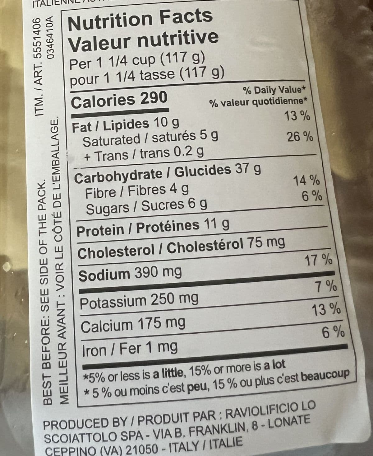 Image of the nutrition facts from the back of the package.