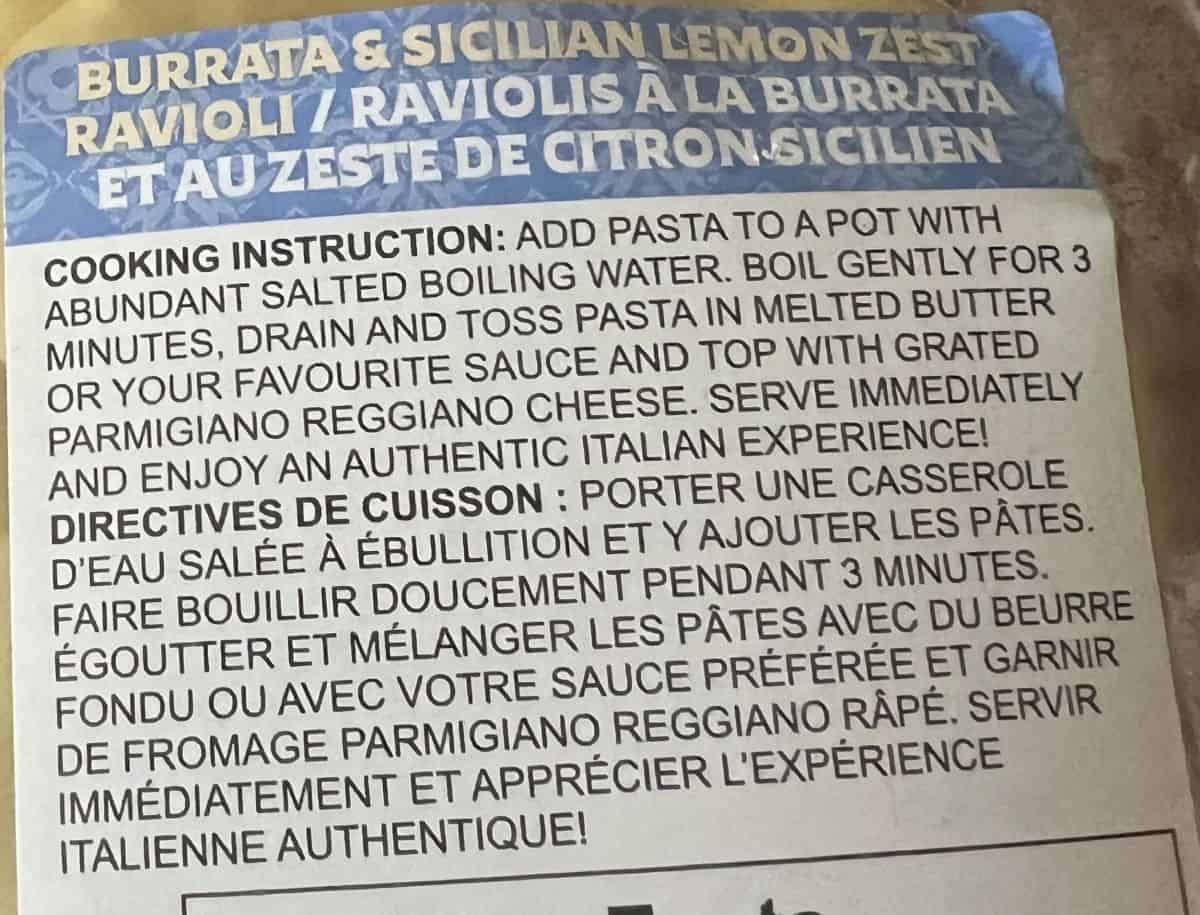 Image of the cooking instructions from the back of the package.