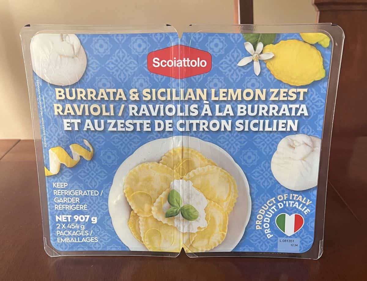 Costco Scoiattolo Burrata & Sicilian Lemon Zest Ravioli package standing on a table unopened.