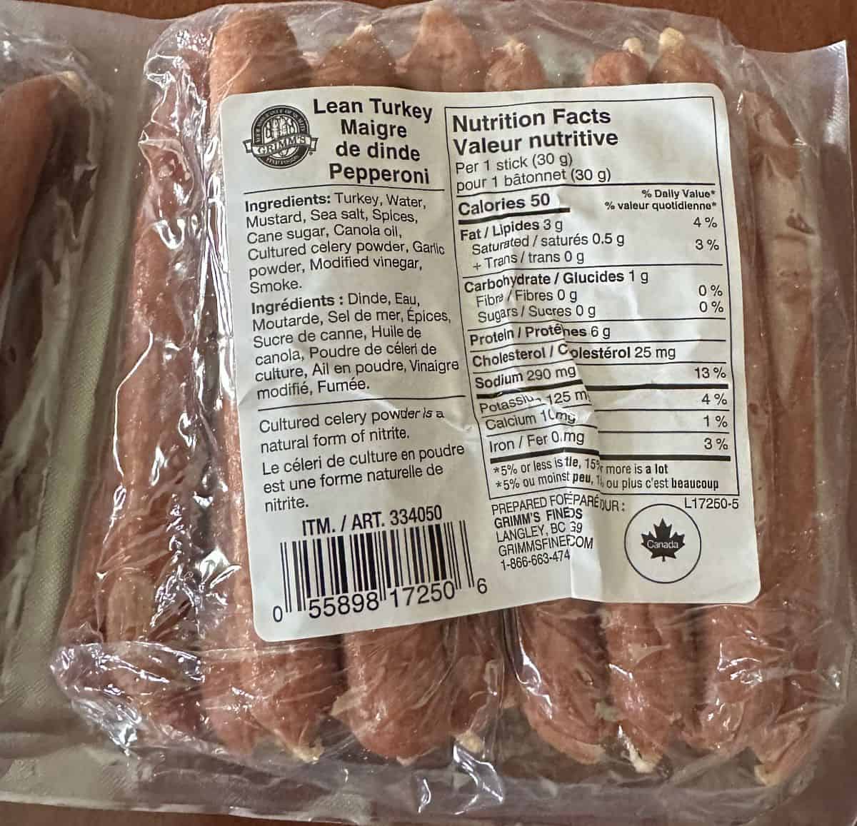 Image of the Grimm's Turkey Pepperoni nutrition facts from the back of the package. 
