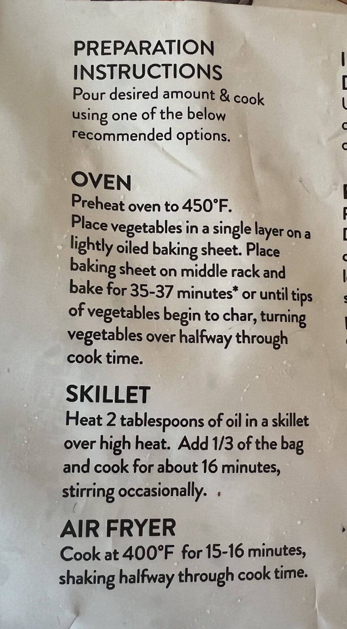 Image of the cooking instructions for the frozen vegetables from the back of the package.