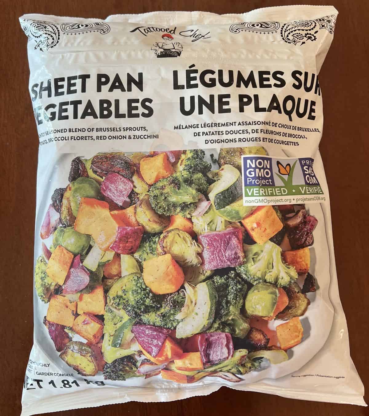 Image of the bag of Costco Tattooed Chef Sheet Pan Vegetables laying on a table unopened.