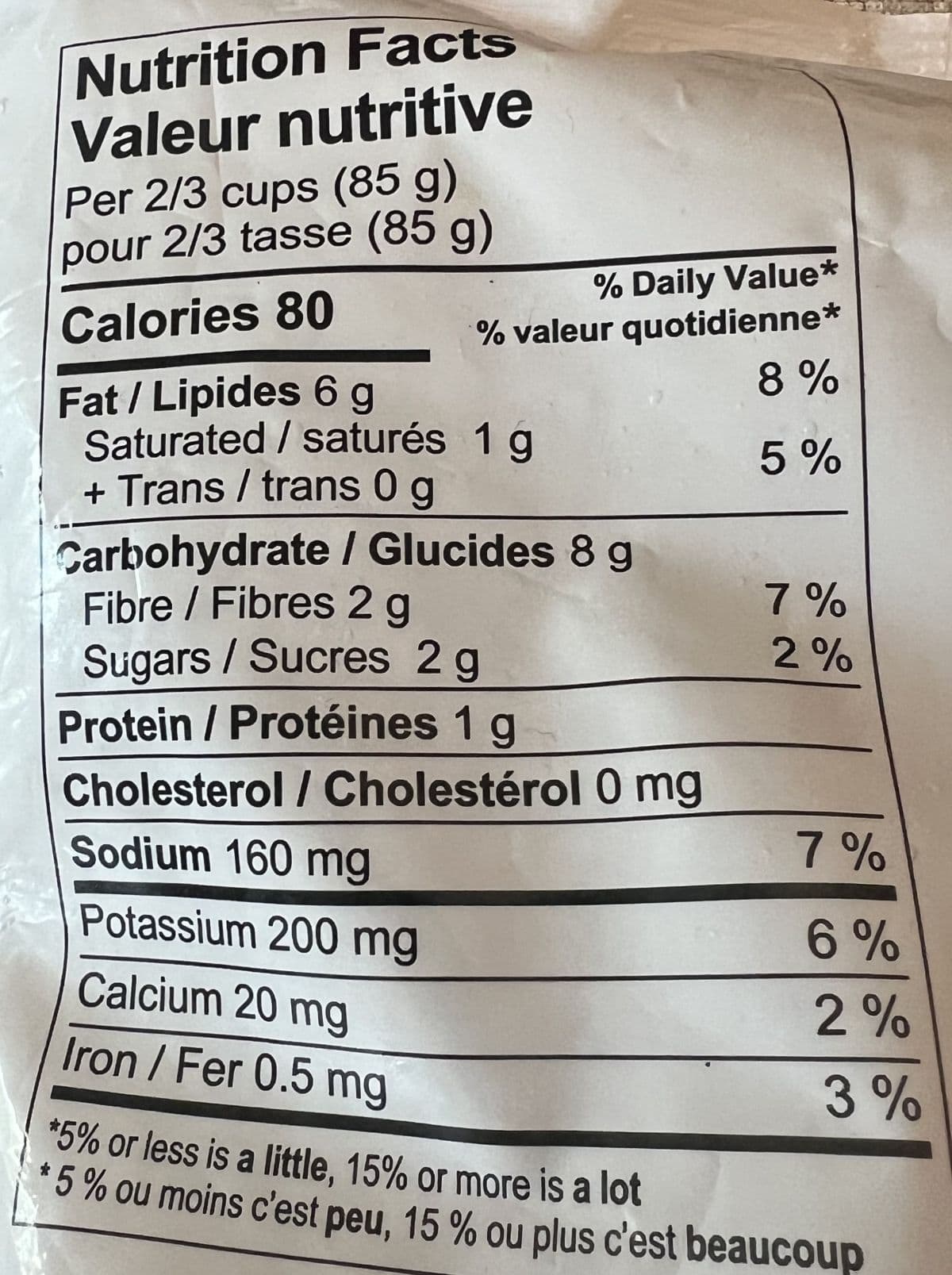 Image of the nutrition facts for the vegetables from the back of the bag.