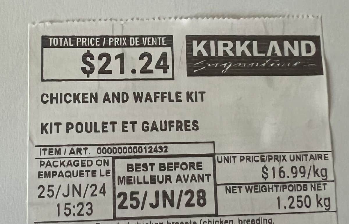 Closeup image of the chicken and waffle kit label showing the cost and expiry date.