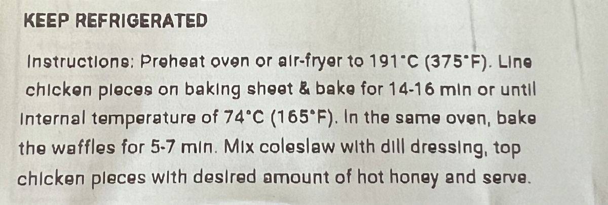 Image of the cooking instructions for the chicken and waffle kit from the label on the tray.