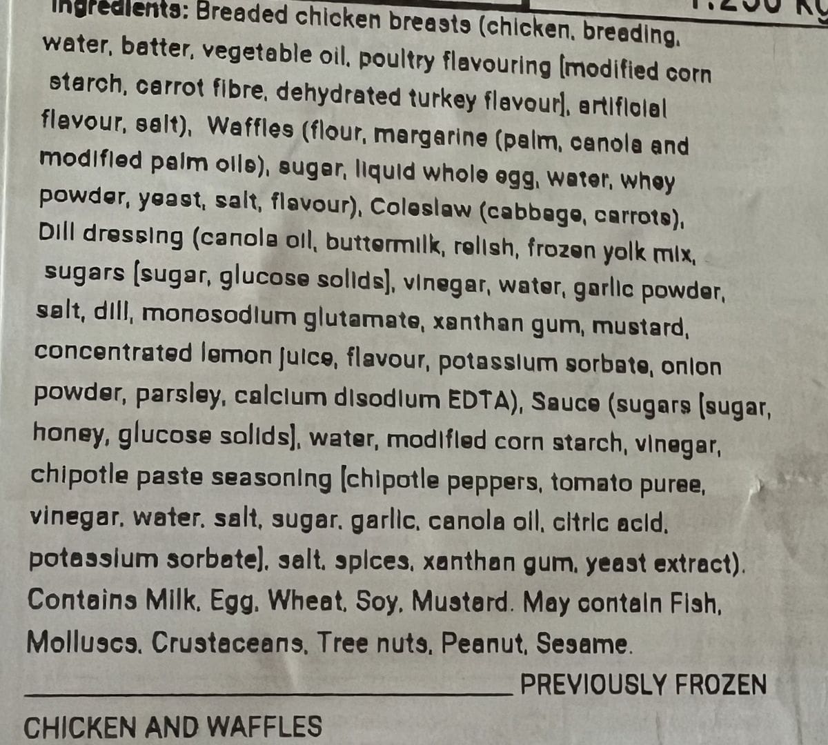Image of the ingredients list for the chicken and waffle kit from the label on the container.