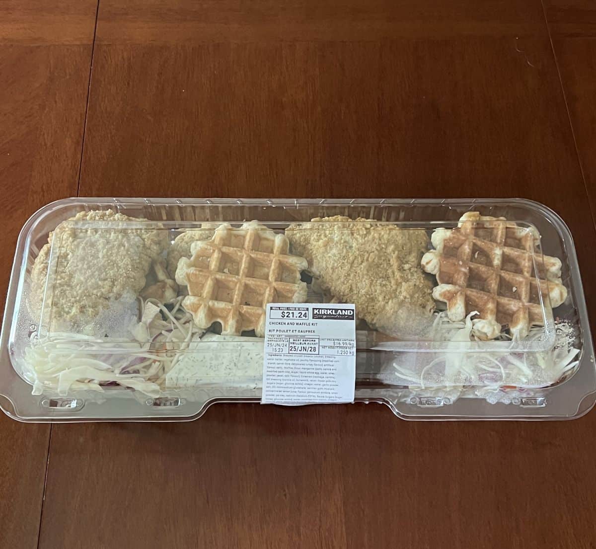 Image of the Costco Kirkland Signature Chicken and Waffle Kit sitting on a table unopened.