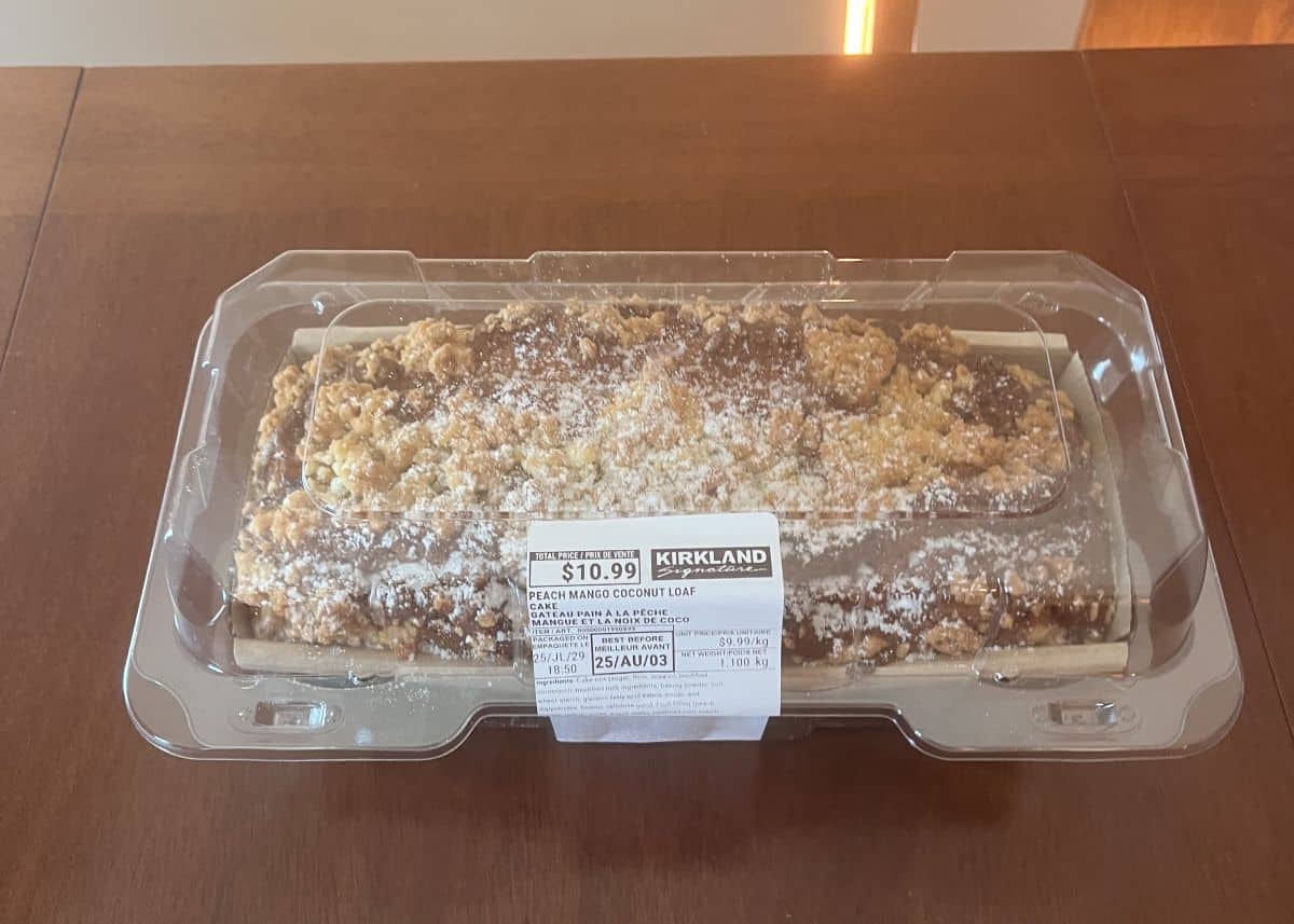 Image of the Costco Kirkland Signature Peach Mango Coconut Loaf sitting on a table unopened.