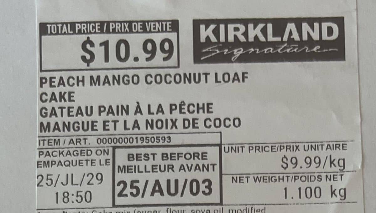 Closeup image of the front label on the loaf showing cost, expiry date. 