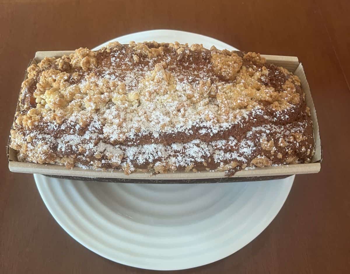 Top down image of the entire loaf out of the package served on a white plate.
