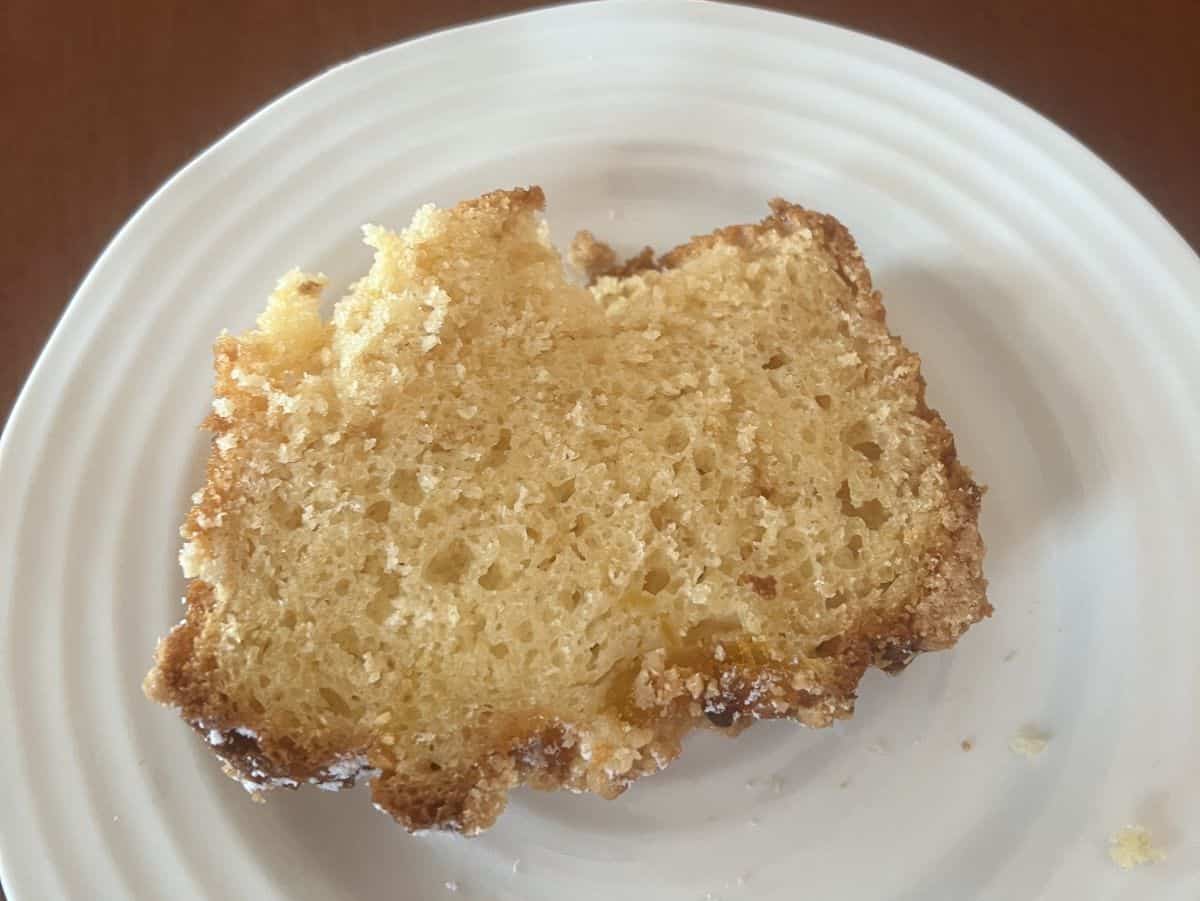 Top down image of one slice served on a white plate.