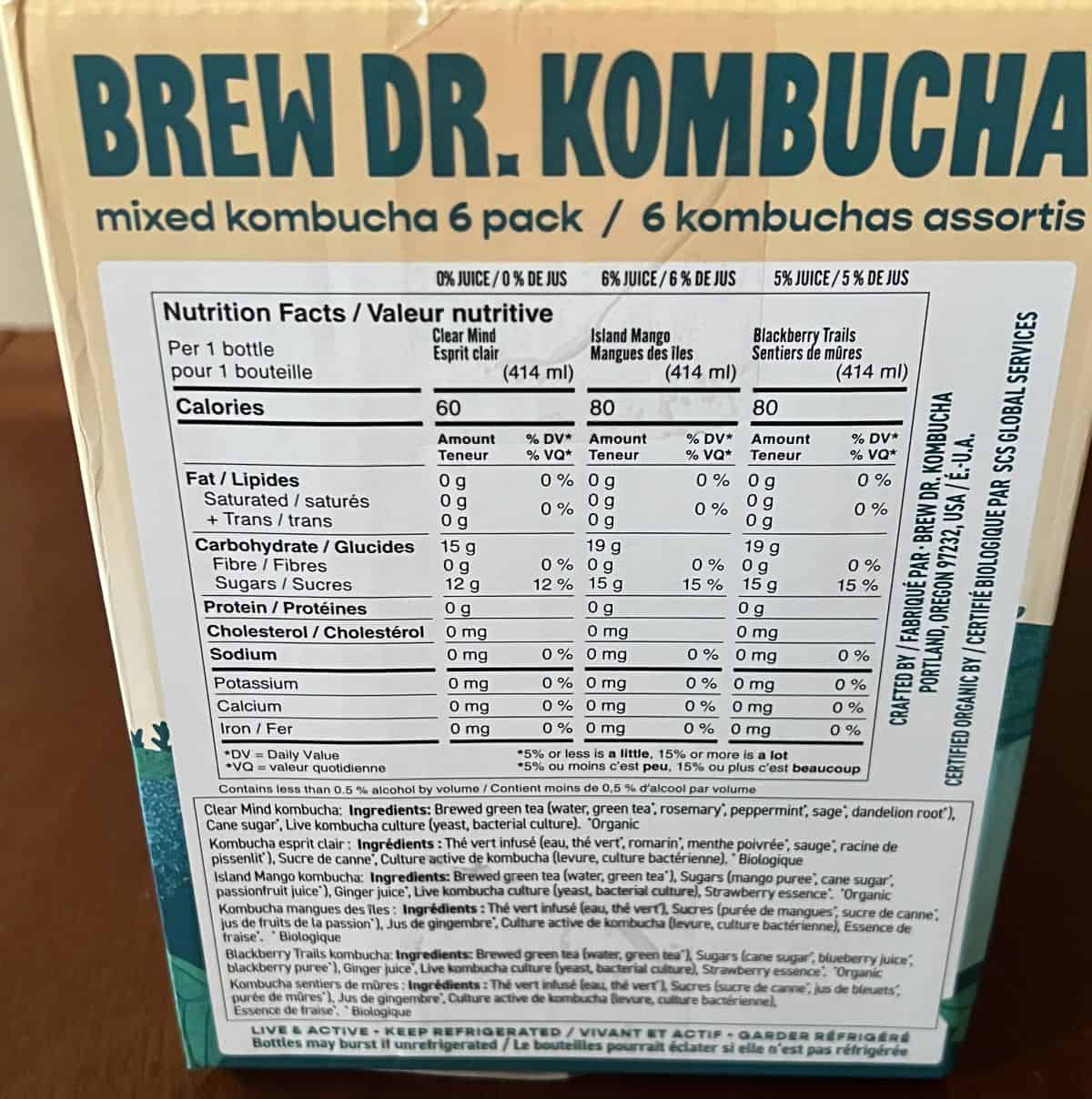 Image of the nutrition facts for the Brew Dr Kombucha variety pack.