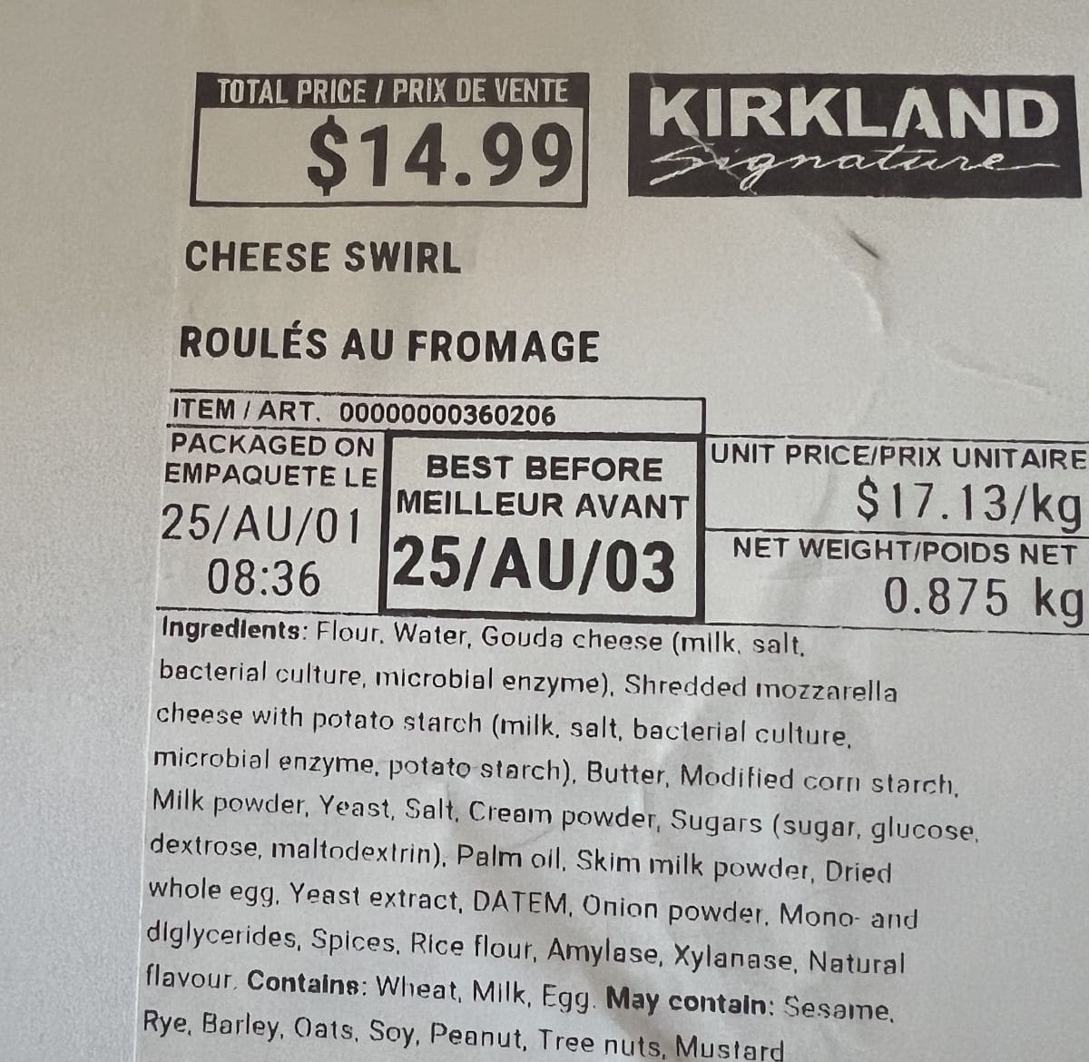 Image of the ingredients for the Costco Kirkland Signature Cheese Swirl from the package. 